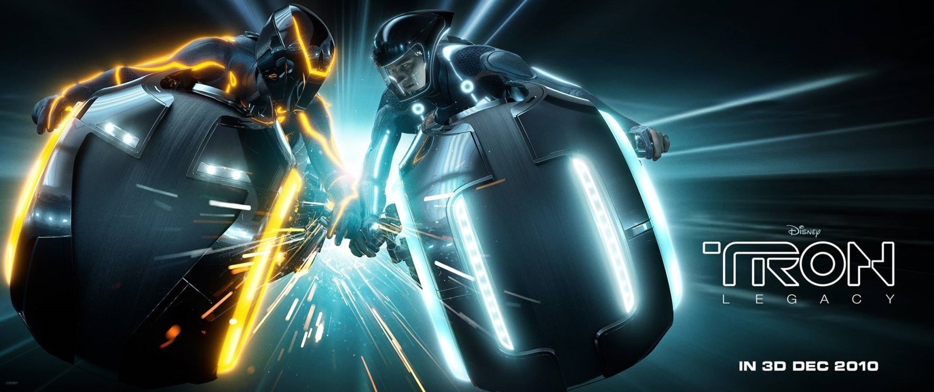 HD PC desktop wallpaper background: Action scene from the movie TRON: Legacy with two glowing lightcycles racing and sparks.
