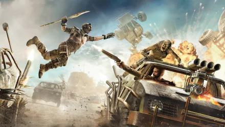 Dynamic HD wallpaper featuring Max Rockatansky from the Mad Max video game, showcasing intense action in a post-apocalyptic landscape with dramatic explosions and combat.