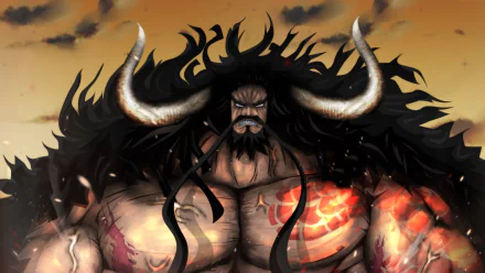 HD desktop wallpaper of Kaido from the anime One Piece, featuring a dramatic and powerful portrayal of the character with a stormy background.
