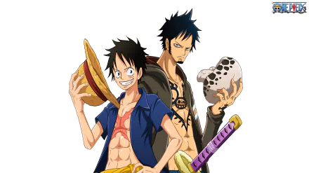HD desktop wallpaper featuring Monkey D. Luffy and Trafalgar Law from the anime One Piece. Luffy holds his straw hat while Law holds his nodachi sword, both showcasing their characteristic designs.