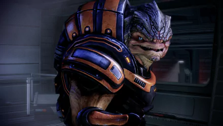 HD wallpaper of Grunt from Mass Effect, poised for action in a spaceship corridor.