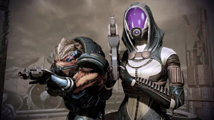 HD desktop wallpaper featuring Grunt and Tali'Zorah from Mass Effect, poised for action in a sci-fi setting.