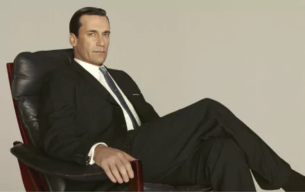 HD desktop wallpaper featuring Jon Hamm as his character from the TV show Mad Men, seated confidently in a black suit against a neutral background.
