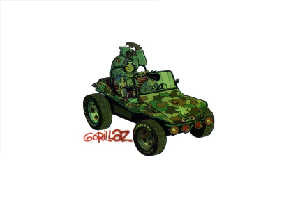 Gorillaz music HD PC desktop wallpaper: cartoon band member driving a green camouflage dune buggy on a white background with the Gorillaz logo.