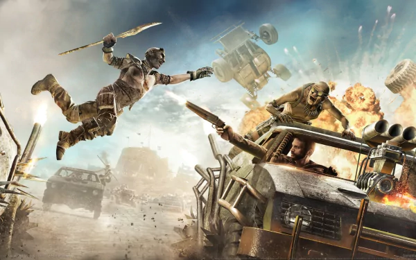Dynamic HD wallpaper featuring Max Rockatansky from the Mad Max video game, showcasing intense action in a post-apocalyptic landscape with dramatic explosions and combat.