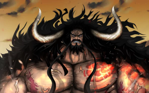 HD desktop wallpaper of Kaido from the anime One Piece, featuring a dramatic and powerful portrayal of the character with a stormy background.