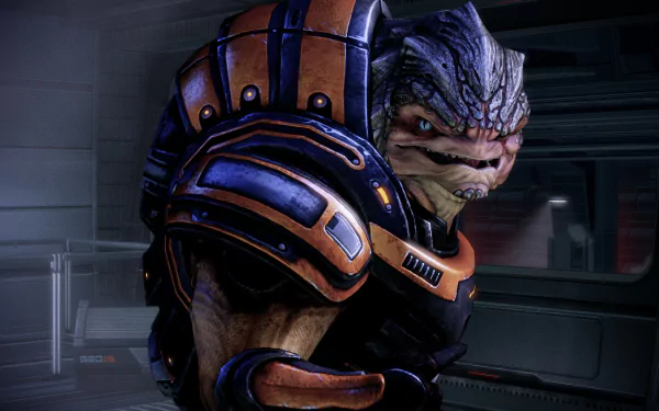 HD wallpaper of Grunt from Mass Effect, poised for action in a spaceship corridor.