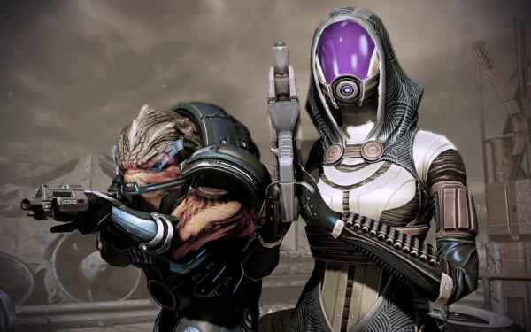 HD desktop wallpaper featuring Grunt and Tali'Zorah from Mass Effect, poised for action in a sci-fi setting.