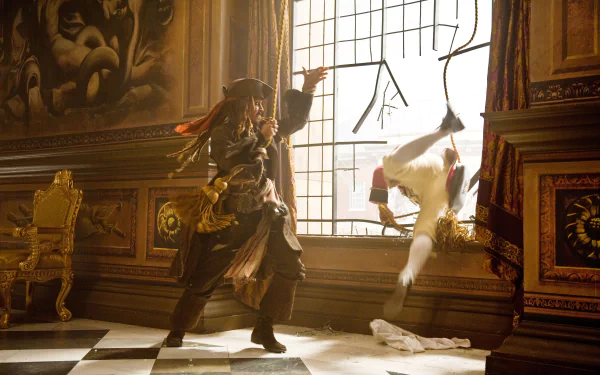 Johnny Depp as Jack Sparrow in a dynamic scene from Pirates of the Caribbean: On Stranger Tides, captured in a 4K Ultra HD desktop wallpaper.