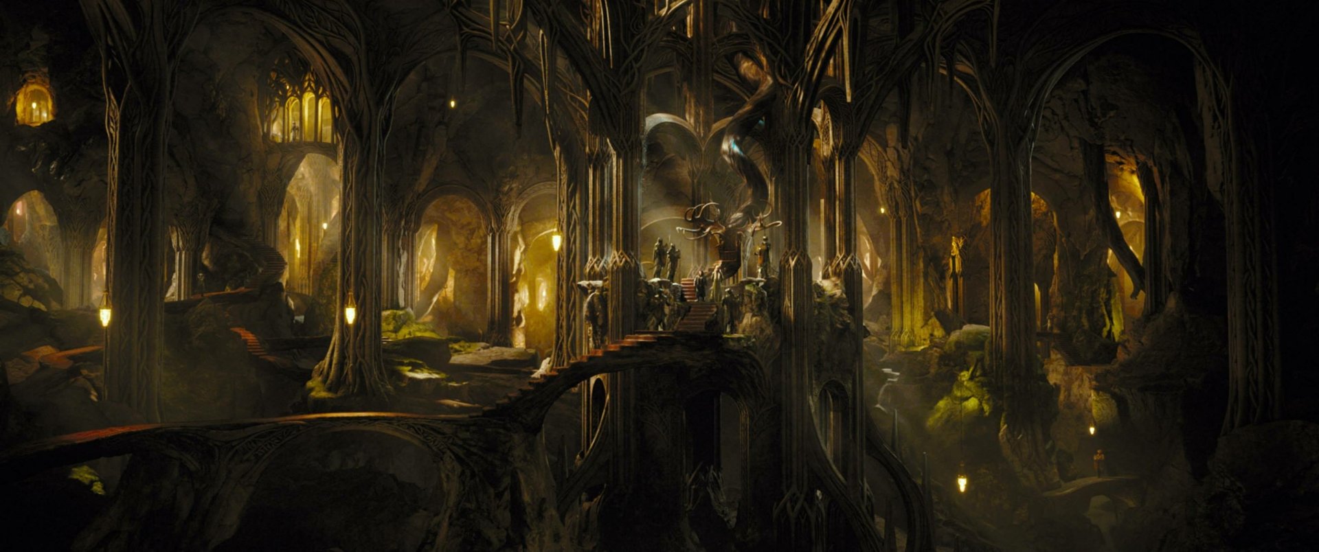 HD PC desktop wallpaper featuring a dark, intricate interior scene from the movie The Hobbit: The Desolation Of Smaug.