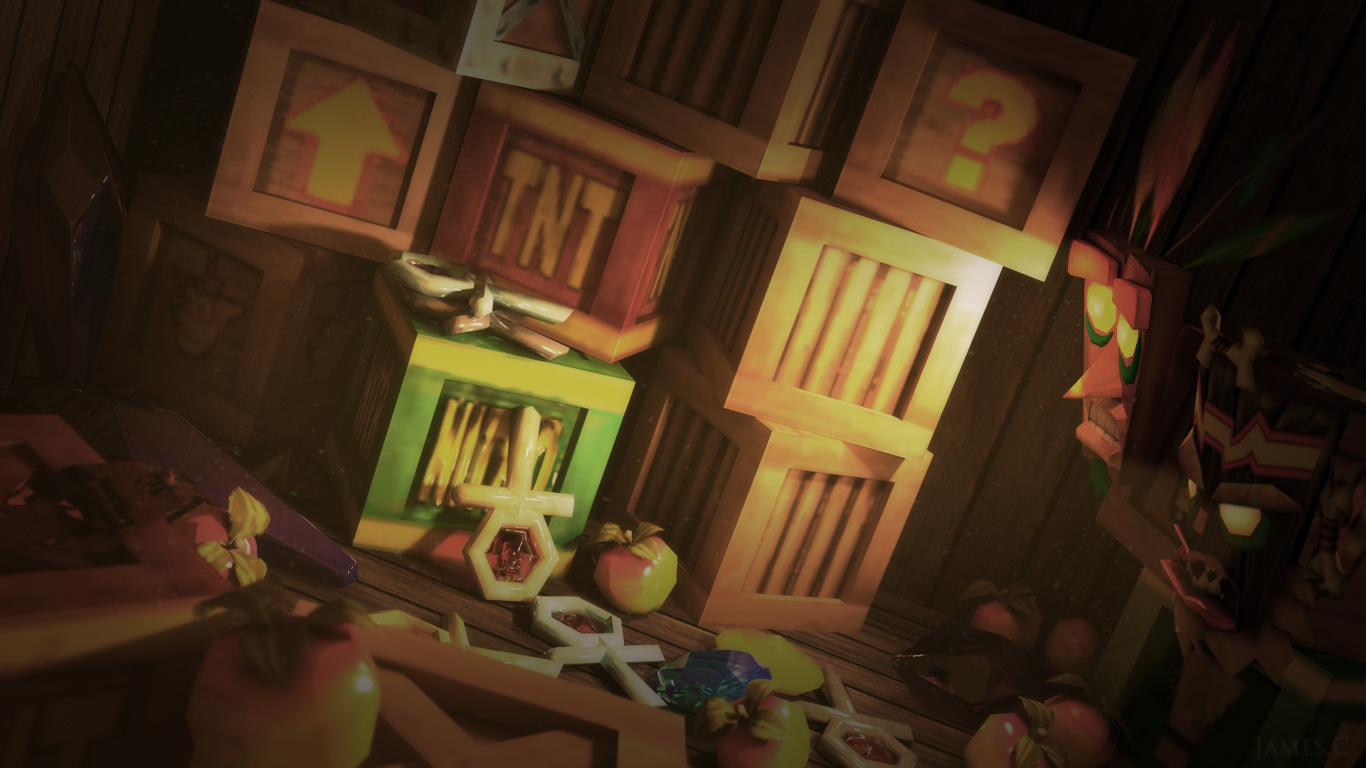 HD PC desktop wallpaper featuring Crash Bandicoot surrounded by wooden crates, TNT boxes, and collectible items from the video game series.
