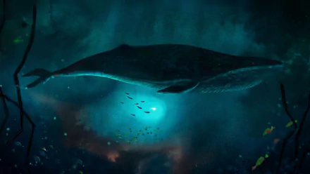 HD wallpaper of Song of the Sea with a majestic whale swimming underwater, illuminated by a mystical light.