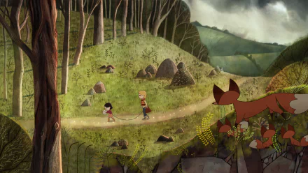 HD wallpaper featuring a scene from Song of the Sea with two children and a fox in a mystical forest.