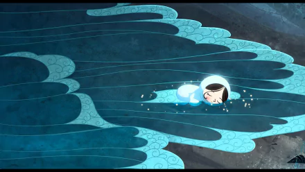 HD desktop wallpaper from Song of the Sea featuring a character floating in a sea with patterned waves.