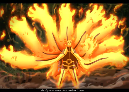 HD wallpaper featuring Naruto Uzumaki in Sage of Six Paths mode, from the anime Naruto, enveloped in a fiery aura with multiple chakra arms extending behind him.