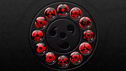 HD desktop wallpaper featuring Mangekyō Sharingan and Sharingan designs from the Naruto anime. A circle of unique Sharingan forms is displayed against a dark background.
