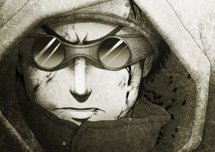 HD desktop wallpaper featuring Shino Aburame from Naruto, showcasing his signature hooded look and reflective goggles, set against a textured background.