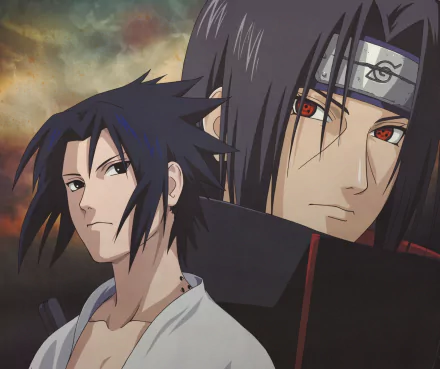 HD desktop wallpaper featuring Itachi Uchiha and Sasuke Uchiha from the anime Naruto. The background displays an intense sky, highlighting the serious expressions of both characters.