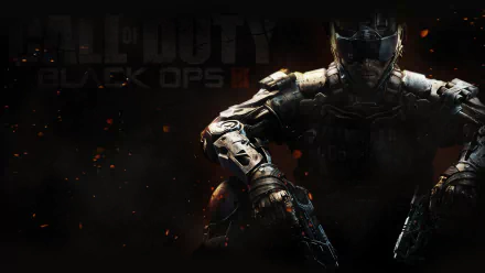 HD desktop wallpaper of Call Of Duty: Black Ops III featuring a futuristic soldier in full armor holding weapons, set against a dark, smoky background.