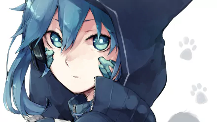 Anime character from the Kagerou Project features striking blue hair and expressive eyes, dressed in a dark hoodie, set against a soft, light background. HD desktop wallpaper.