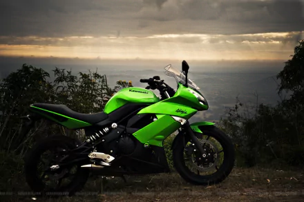 HD PC desktop wallpaper featuring a vibrant green Kawasaki Ninja motorcycle parked outdoors with a scenic, cloudy sky and foliage in the background.