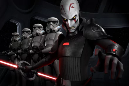 A striking HD wallpaper featuring the Inquisitor from Star Wars Rebels, with stormtroopers in the background, capturing a dramatic moment in the iconic sci-fi universe.