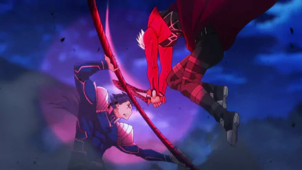 HD wallpaper from Fate/Stay Night: Unlimited Blade Works featuring a dynamic battle between Archer and Lancer under a dark sky.