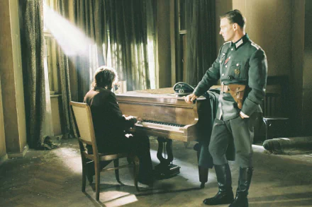 HD PC desktop wallpaper: scene from the movie The Pianist — a man at a piano bathed in light while a uniformed officer stands nearby in a dim, curtained room.