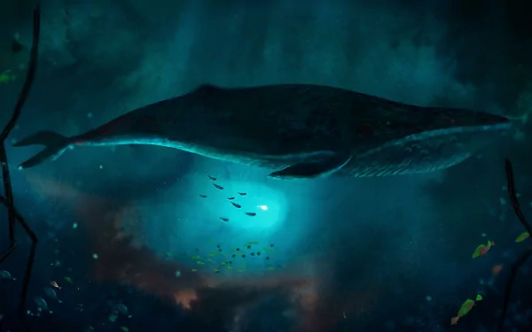 HD wallpaper of Song of the Sea with a majestic whale swimming underwater, illuminated by a mystical light.