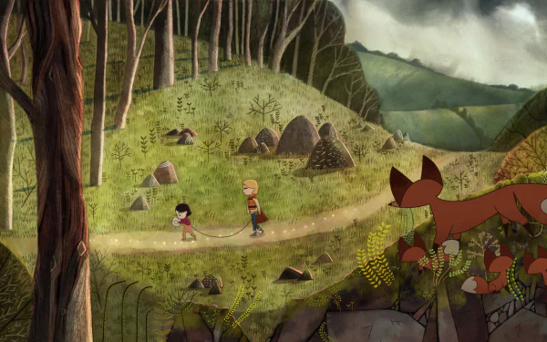 HD wallpaper featuring a scene from Song of the Sea with two children and a fox in a mystical forest.
