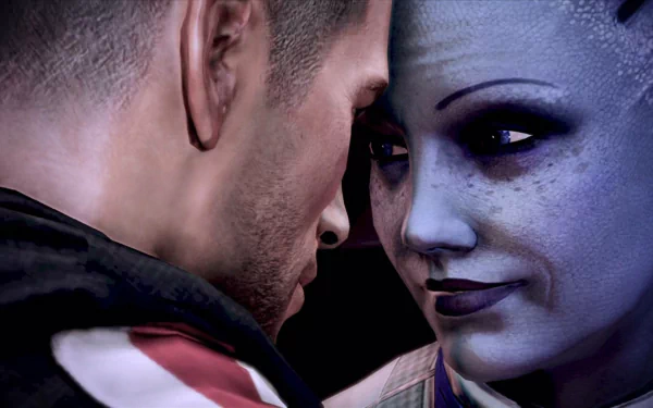 HD desktop wallpaper of Mass Effect's Commander Shepard and Liara T'Soni in a close, emotional moment.