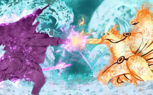 HD desktop wallpaper featuring Sasuke Uchiha with Susanoo and Naruto Uzumaki in an intense clash, depicted in vibrant colors.