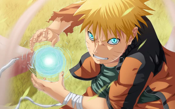 HD desktop wallpaper of Naruto Uzumaki from the anime Naruto, showing him with determined expression, forming a Rasengan energy sphere in his hand.