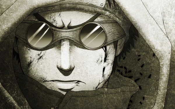 HD desktop wallpaper featuring Shino Aburame from Naruto, showcasing his signature hooded look and reflective goggles, set against a textured background.