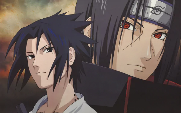 HD desktop wallpaper featuring Itachi Uchiha and Sasuke Uchiha from the anime Naruto. The background displays an intense sky, highlighting the serious expressions of both characters.