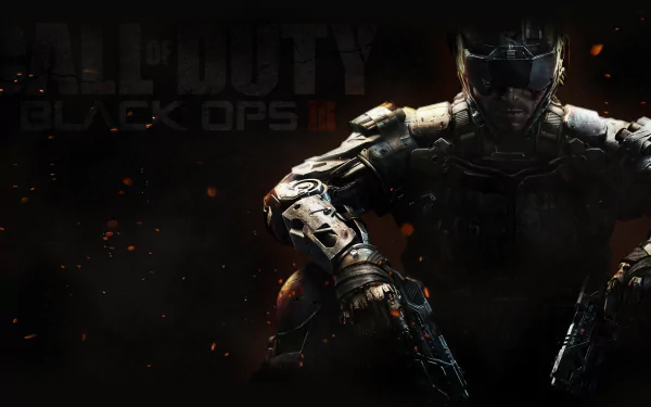 HD desktop wallpaper of Call Of Duty: Black Ops III featuring a futuristic soldier in full armor holding weapons, set against a dark, smoky background.