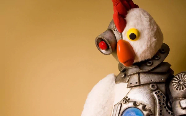 HD desktop wallpaper featuring a robotic chicken character from the TV show Robot Chicken, showcasing its unique design and colorful features against a simple background.