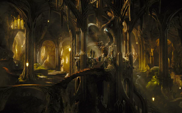 HD PC desktop wallpaper featuring a dark, intricate interior scene from the movie The Hobbit: The Desolation Of Smaug.