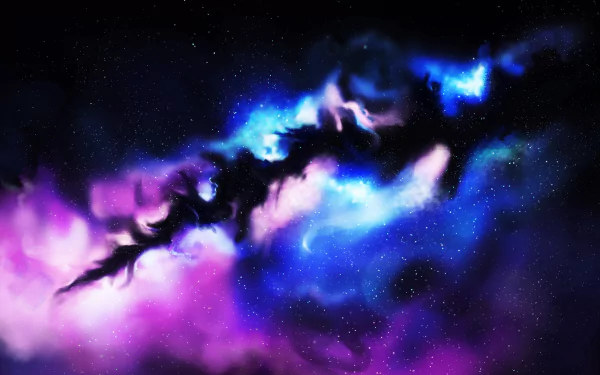 A vibrant HD wallpaper featuring a cosmic scene, showcasing swirling clouds of purple and blue amidst a starry backdrop, embodying the essence of sci-fi and space.