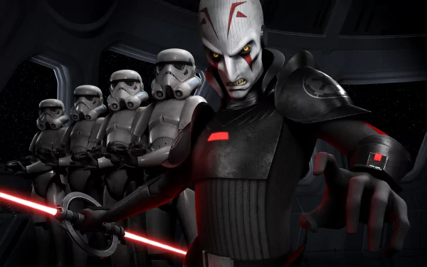 A striking HD wallpaper featuring the Inquisitor from Star Wars Rebels, with stormtroopers in the background, capturing a dramatic moment in the iconic sci-fi universe.