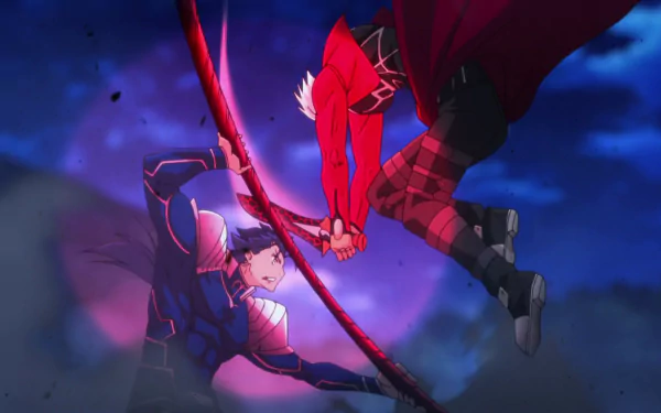 HD wallpaper from Fate/Stay Night: Unlimited Blade Works featuring a dynamic battle between Archer and Lancer under a dark sky.