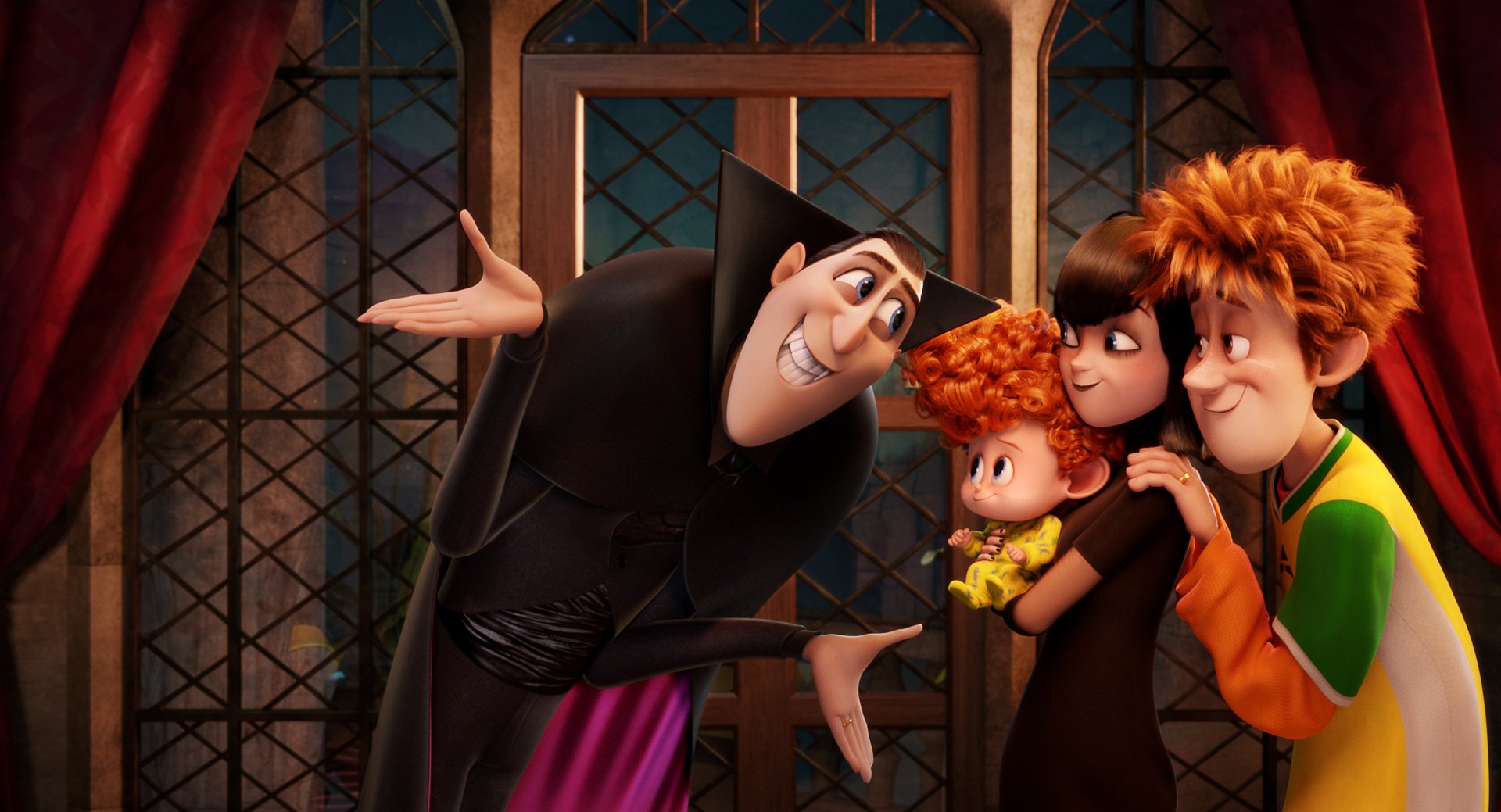 A colorful scene from Hotel Transylvania 2 featuring Dracula, Mavis, Jonathan, and young Dennis, showcasing their playful family dynamic. 4K Ultra HD wallpaper.