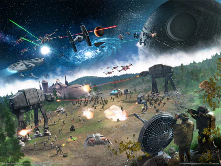 A dynamic sci-fi scene from Star Wars: Empire at War, featuring iconic ships like the Millennium Falcon and X-Wing, alongside AT-AT Walkers and the ominous Death Star in an epic battle.