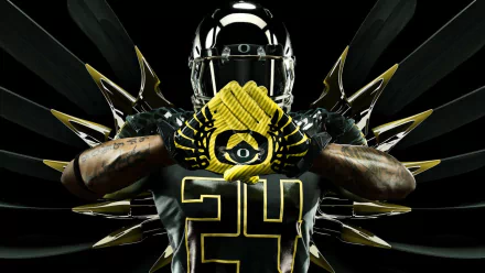 HD desktop wallpaper featuring an Oregon Ducks football player in black and yellow gear, showcasing the team logo with a dynamic, sporty background.