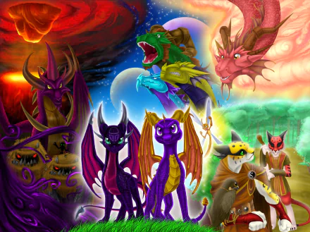 HD desktop wallpaper featuring Malefor, Spyro, Cynder, Sparx, Ignitus, and key characters from The Legend of Spyro: Dawn of the Dragon video game.