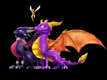 HD desktop wallpaper featuring Spyro and Cynder dragons with Sparx the Dragonfly from the video game The Legend of Spyro: Dawn of the Dragon.