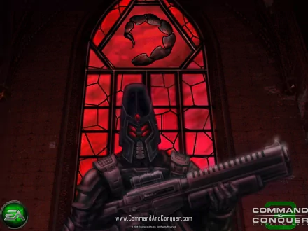 HD PC desktop wallpaper featuring a dark, armored soldier from Command & Conquer 3: Tiberium Wars against a red, stained-glass window background.