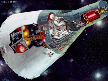 HD PC desktop wallpaper of a NASA man-made space capsule cutaway, showing an astronaut in the cockpit and internal systems against a star-filled space background.