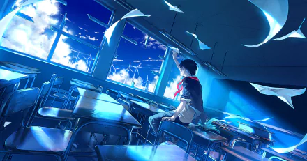 HD desktop wallpaper featuring original anime art of a boy in a classroom with papers flying, bathed in blue light from the windows, showcasing a dynamic and ethereal atmosphere.