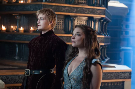 Margaery Tyrell and Joffrey Baratheon, played by Natalie Dormer and Jack Gleeson, stand together in a grand hall from the TV show Game of Thrones, 4K Ultra HD wallpaper.